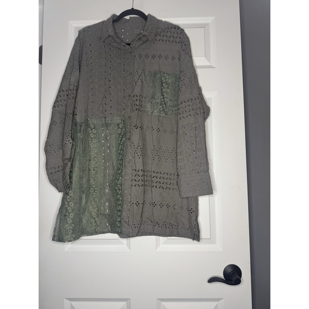 Unbranded Oversized Eyelet Lace Pattern Shirt Jacket  Large Gray Green